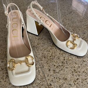 Gucci Horsebit Slingback Pumps Size 40 EU /9 US Off White Block Heel Square Toe
